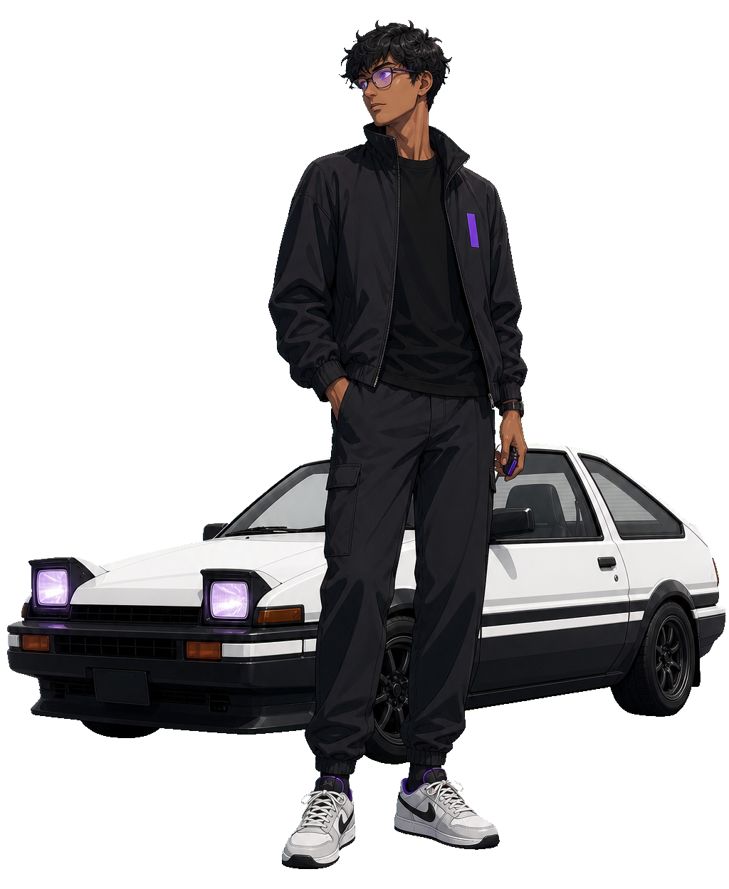 Minimal anime illustration of a man with glasses standing in front of an AE86 Trueno